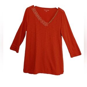 Soft Surroundings Top Womens M Long Sleeve Tunic Orange V Neck Wood Bead Detail
